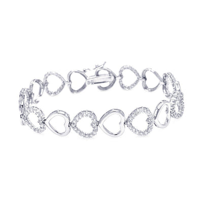 Sterling Silver Rhodium Plated Open Heart Clear CZ Bracelet