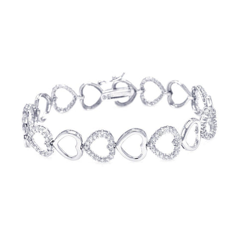 Sterling Silver Rhodium Plated Open Heart Clear CZ Bracelet