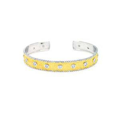 Sterling Silver Rhodium and Gold Plated Two Tone Clear CZ Cuff Bracelet