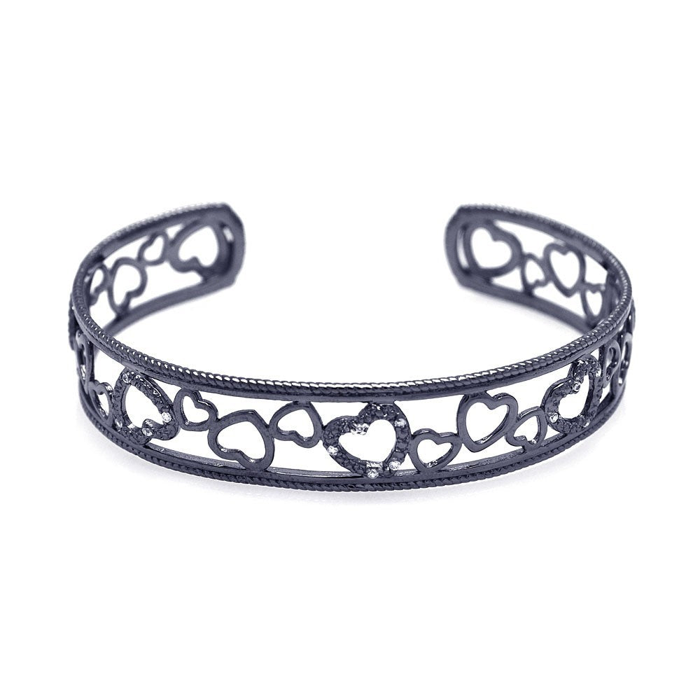 Sterling Silver Black Rhodium Plated Open Multi Heart Clear CZ Cuff Bracelet