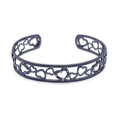 Sterling Silver Black Rhodium Plated Open Multi Heart Clear CZ Cuff Bracelet