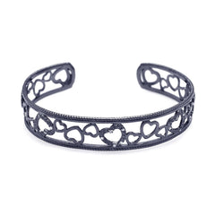 Sterling Silver Black Rhodium Plated Open Multi Heart Clear CZ Cuff Bracelet
