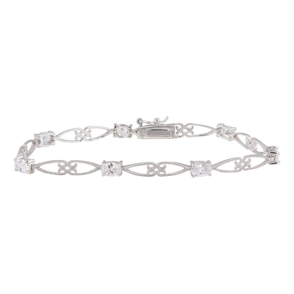 Sterling Silver Rhodium Plated Clear CZ Elongated Heart Link Bracelet