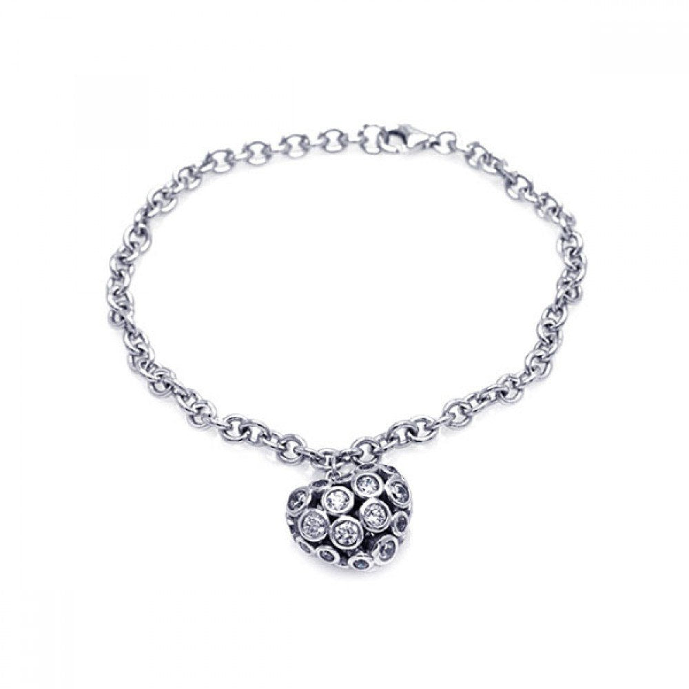 Sterling Silver Rhodium Plated Clear CZ Heart Charm Bracelet