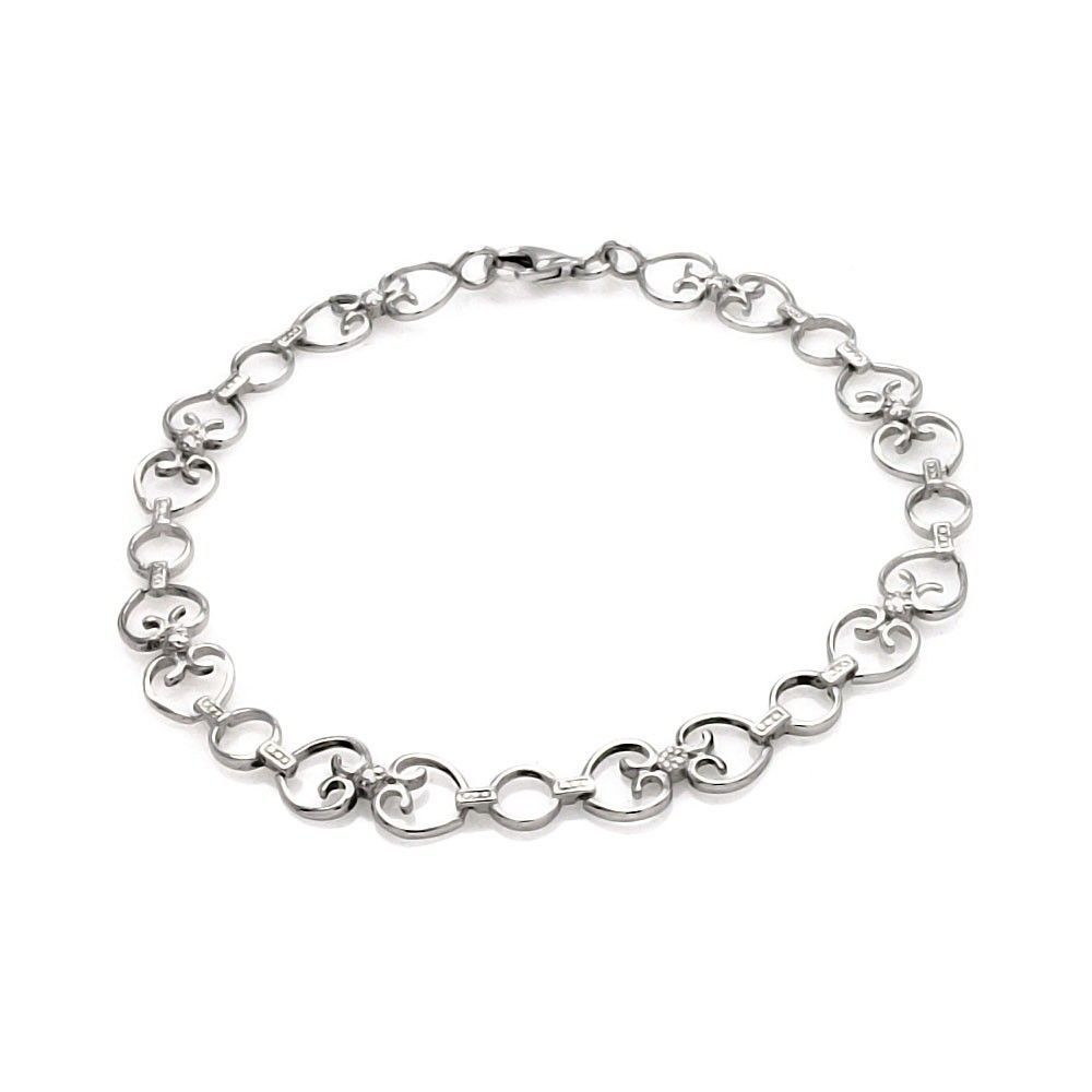 Sterling Silver Rhodium Plated Open Heart Clear CZ Link Bracelet