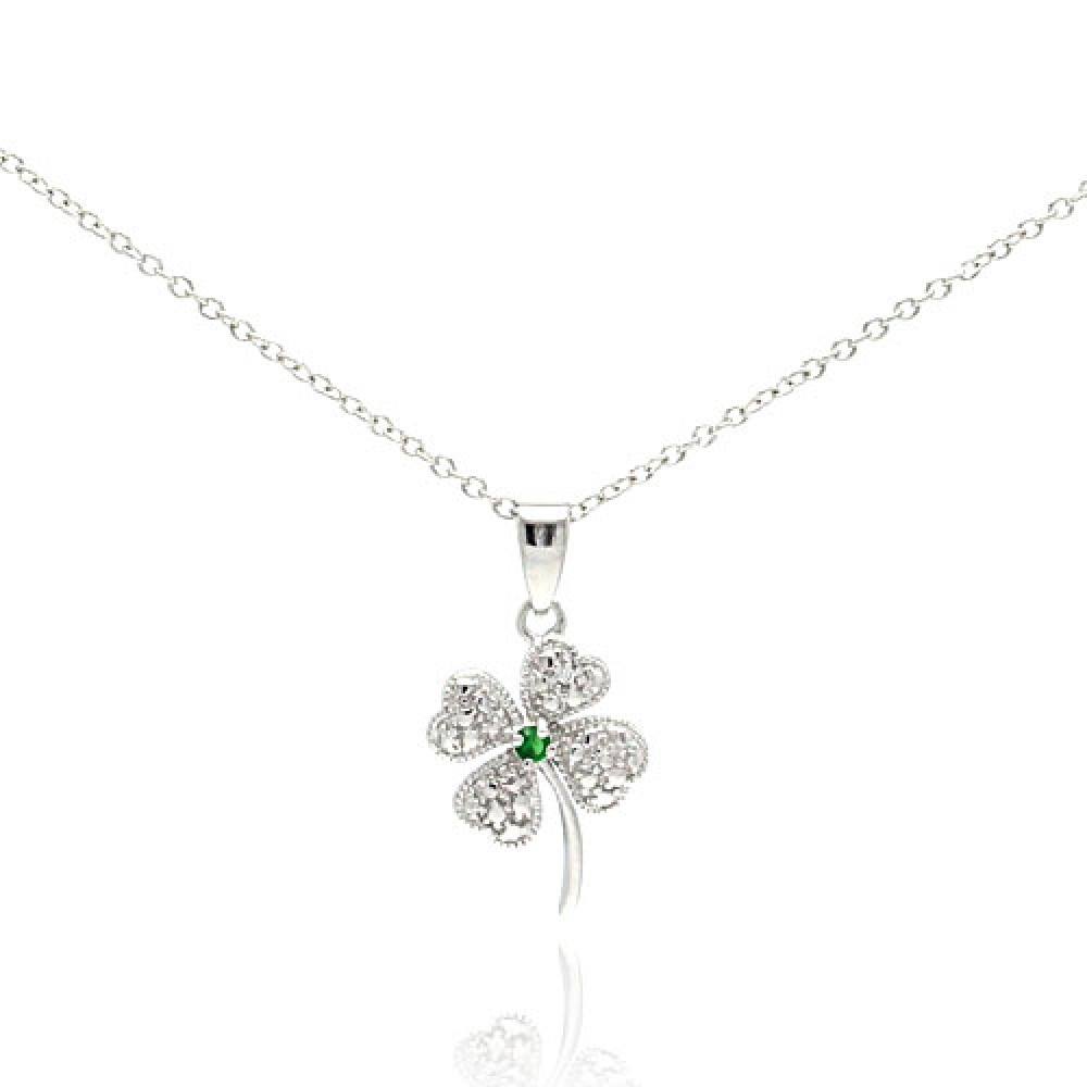 Sterling Silver Clear Green CZ Rhodium Plated Clover Pendant .925 Necklace
