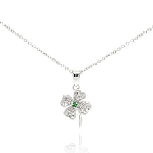 Load image into Gallery viewer, Sterling Silver Clear Green CZ Rhodium Plated Clover Pendant .925 Necklace