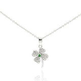 Sterling Silver Clear Green CZ Rhodium Plated Clover Pendant .925 Necklace