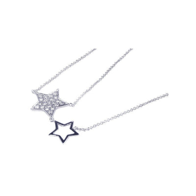Sterling Silver Rhodium Plated Open and Closed Star CZ Inlay Necklace