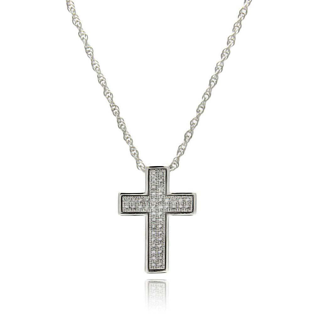 Sterling Silver Rhodium Plated Clear CZ Cross Pendant Necklace