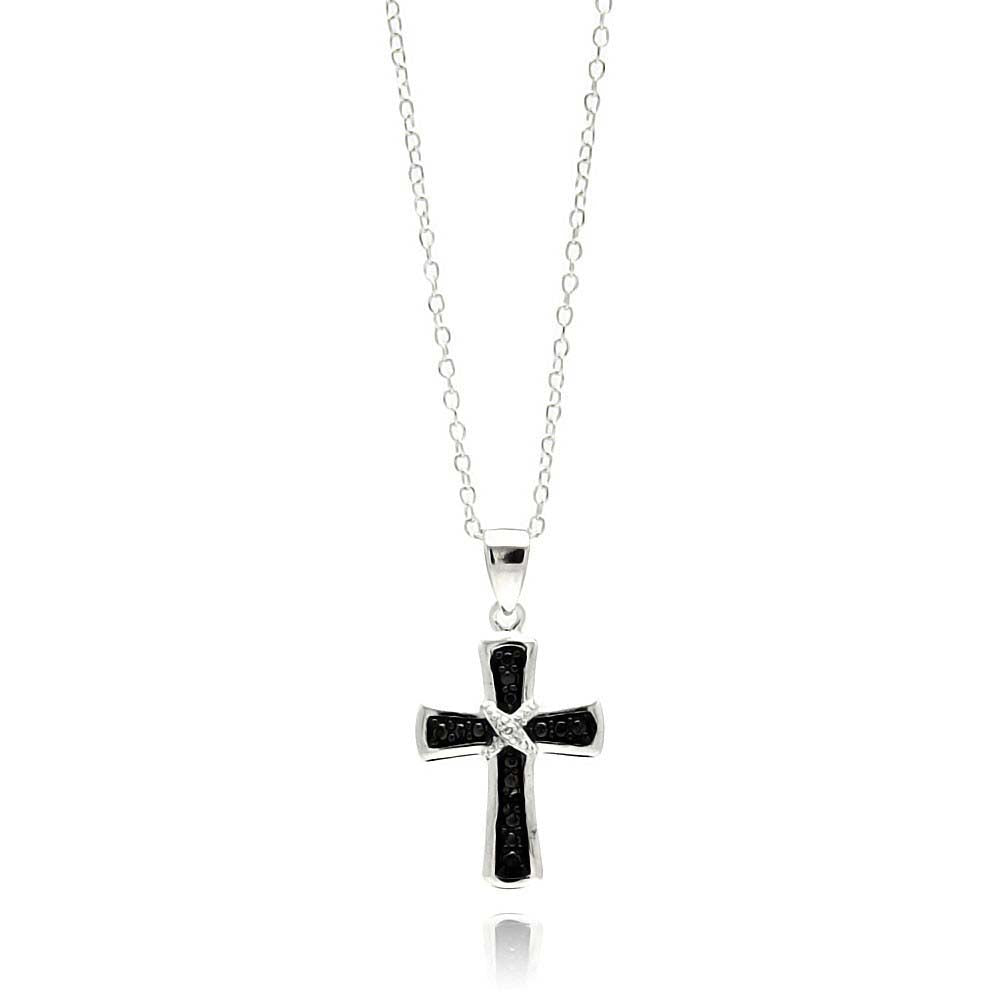 Sterling Silver Rhodium Plated Clear CZ Cross Pendant Necklace