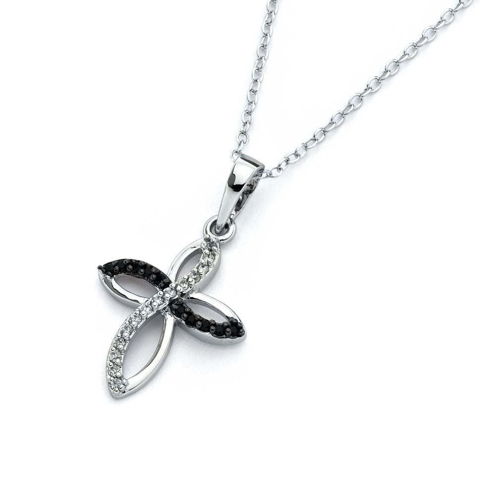 sterling silver necklace with cross shape pendant with clear and black round cut cubic zirconias Necklace