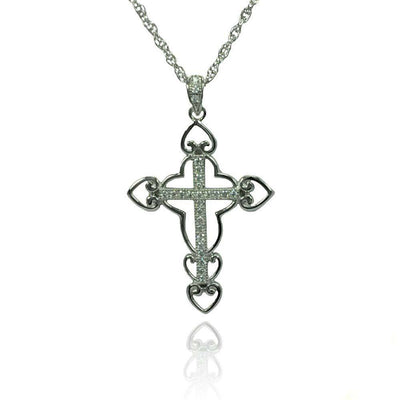 Sterling Silver Rhodium Plated Clear CZ Cross Pendant Necklace