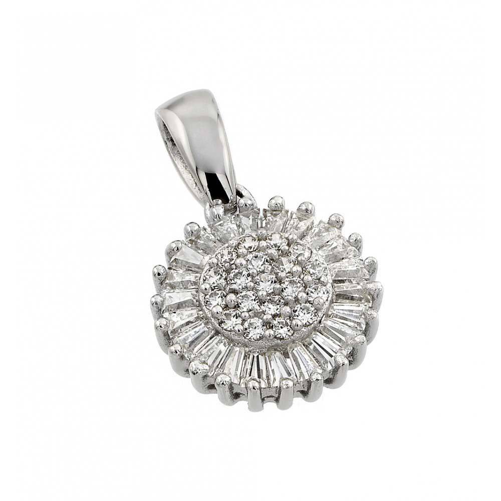 sterling silver rhodium plated clear cluster and baguette cz flower pendant Necklace