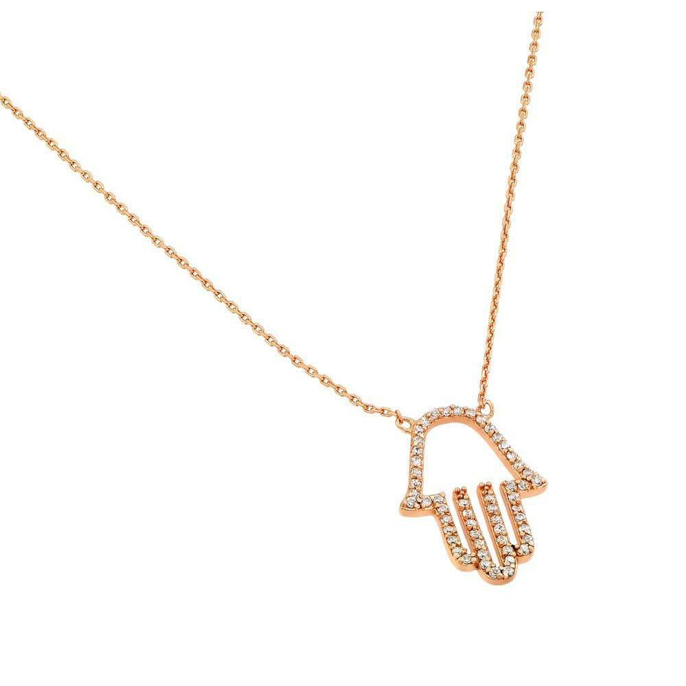 Sterling Silver Rose Gold Plated Clear CZ Hamsa Pendant Necklace
