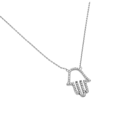 Sterling Silver Rhodium Plated Clear CZ Hamsa Pendant Necklace