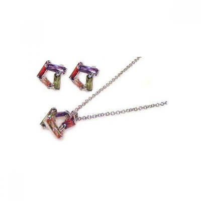 Sterling Silver Rhodium Plated Multicolor Baguette Open Square CZ Stud Earring and Necklace Set