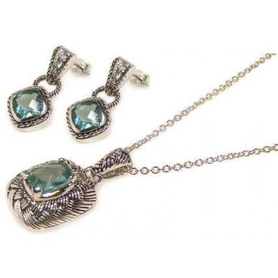 Sterling Silver Oxidized Rhodium Plated Blue CZ Dangling Stud Earring and Necklace Set