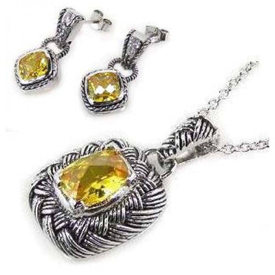 Sterling Silver Oxydized Rhodium Plated Yellow CZ Dangling Earring and Necklace Set
