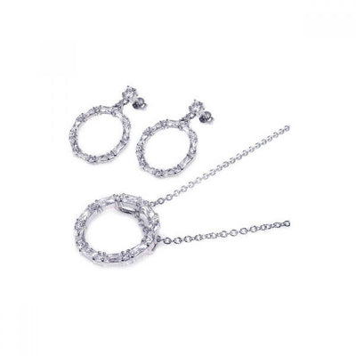 Sterling Silver Rhodium Plated Open Circle CZ Dangling Earring and Necklace Set
