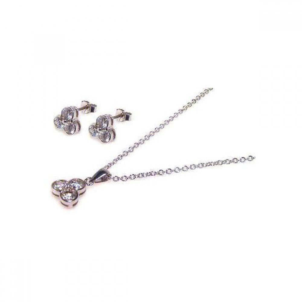 Sterling Silver Rhodium Plated Flower Round CZ Stud Earring and Dangling Necklace Set