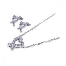 Load image into Gallery viewer, Sterling Silver Rhodium Plated Ribbon Open Heart CZ Stud Earring and Necklace Set