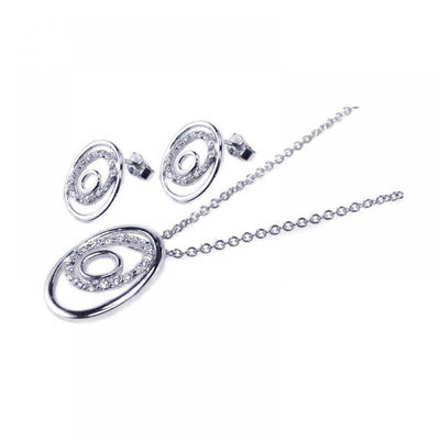 Sterling Silver Rhodium Plated Open Circle CZ Stud Earring and Necklace Set