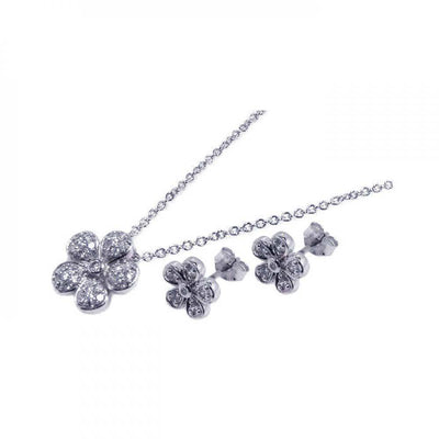 Sterling Silver Rhodium Plated Flower CZ Inlay Stud Earring and Necklace Set