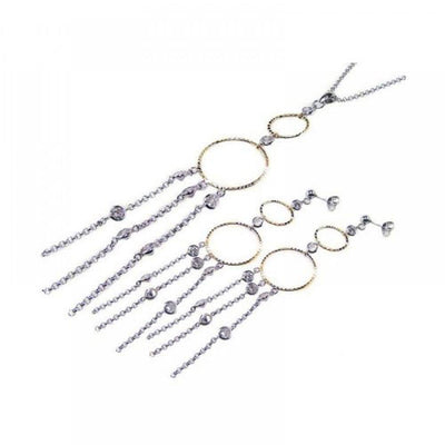 Sterling Silver Rhodium Plated Heart Multiple Round CZ Two Open Circle Dangling Multiple Strand Stud Earring and Necklace Set