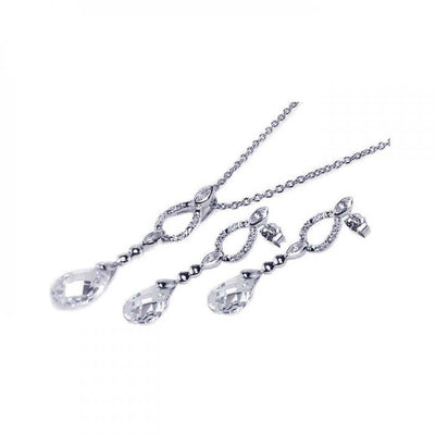 Sterling Silver Rhodium Plated Open Teardrop CZ Dangling Stud Earring and Necklace Set