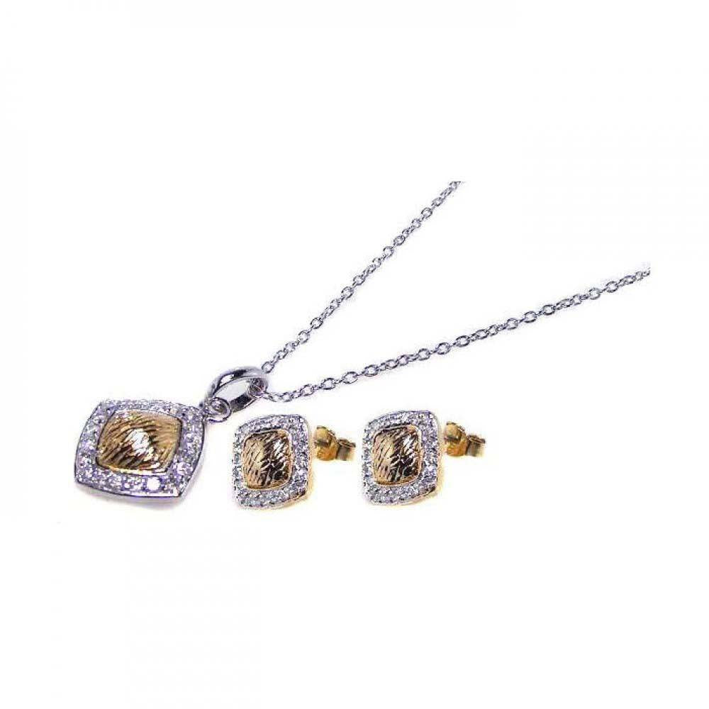 Sterling Silver Gold and Rhodium Plated Square CZ Inlay Stud Earring and Necklace Set