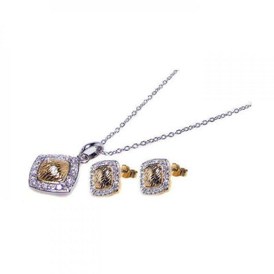 Sterling Silver Gold and Rhodium Plated Square CZ Inlay Stud Earring and Necklace Set