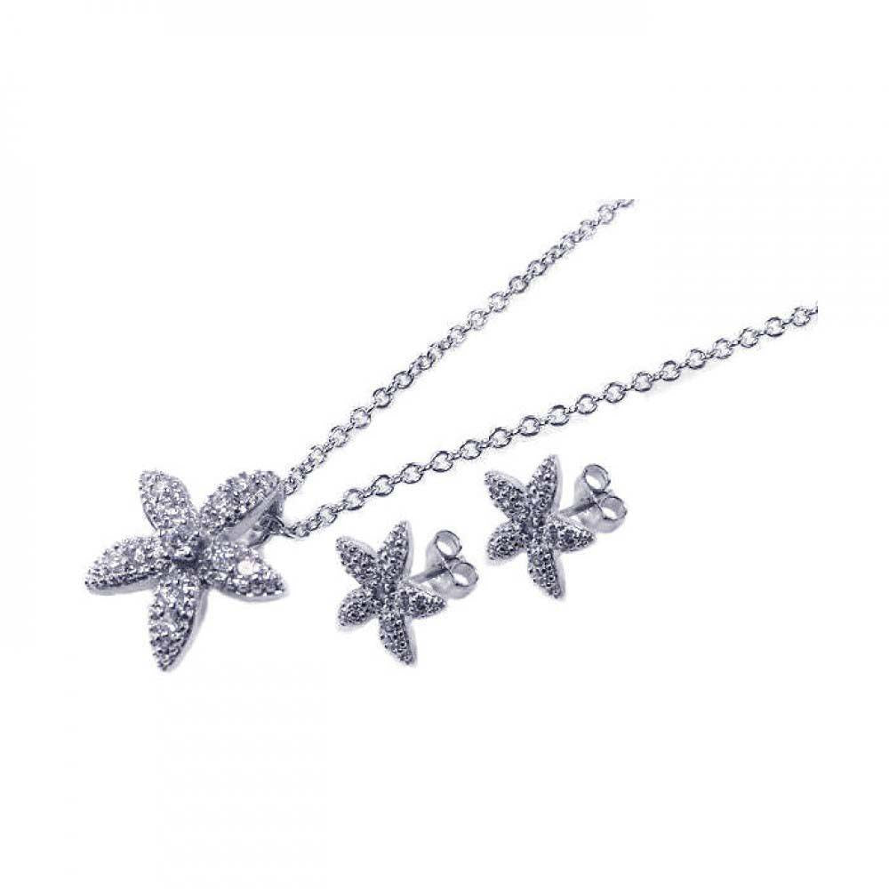 Sterling Silver Rhodium Plated Flower CZ Stud Earring and Necklace Set