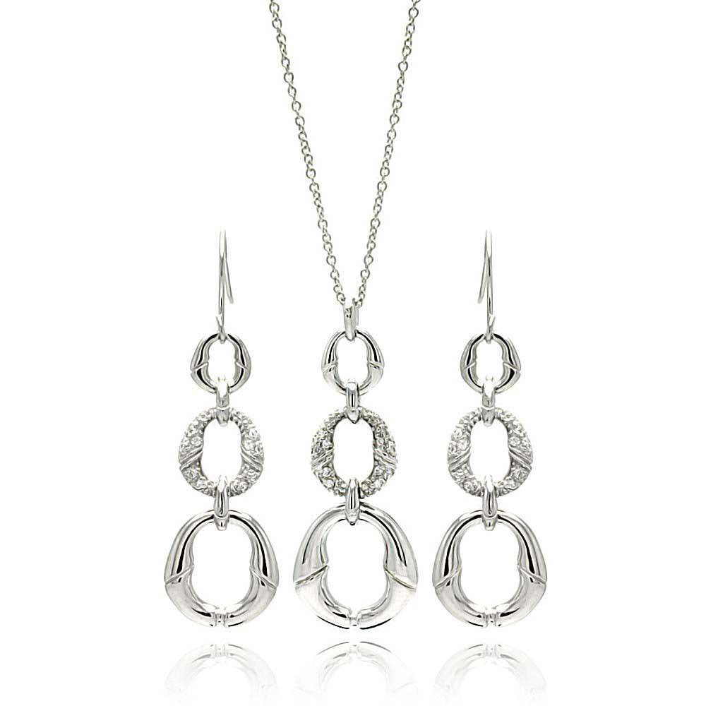 Sterling Silver Rhodium Plated Open Oval CZ Dangling Earring and Necklace Set