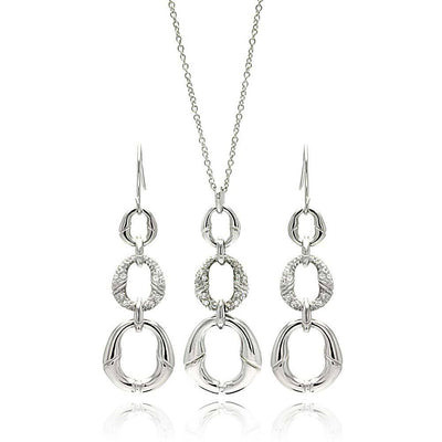 Sterling Silver Rhodium Plated Open Oval CZ Dangling Earring and Necklace Set