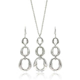 Sterling Silver Rhodium Plated Open Oval CZ Dangling Earring and Necklace Set