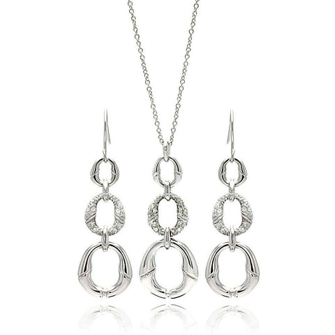 Sterling Silver Rhodium Plated Open Oval CZ Dangling Earring and Necklace Set