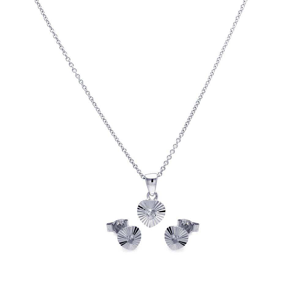 Sterling Silver Rhodium Plated Heart CZ Stud Earring and Necklace Set