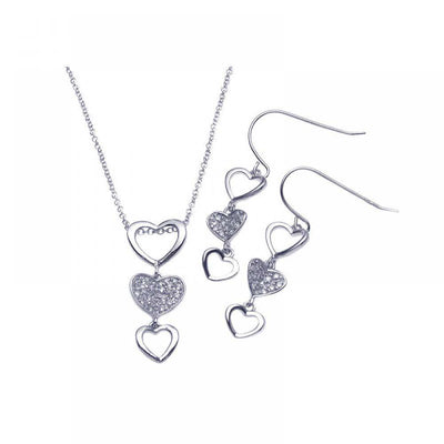 Sterling Silver Rhodium Plated Multiple Graduated Open and Closed Heart CZ Hook Earring and Necklace Set