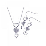 Sterling Silver Rhodium Plated Multiple Graduated Open and Closed Heart CZ Hook Earring and Necklace Set