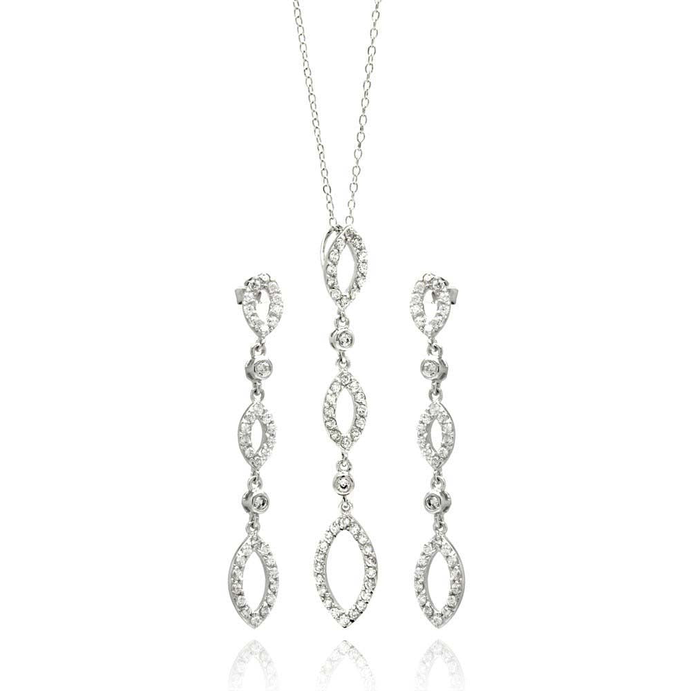 Sterling Silver Rhodium Plated Open Marqui Dangling CZ StudEarring and Necklace Set