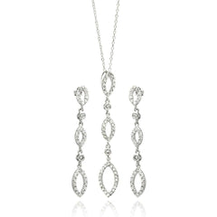 Sterling Silver Rhodium Plated Open Marqui Dangling CZ StudEarring and Necklace Set