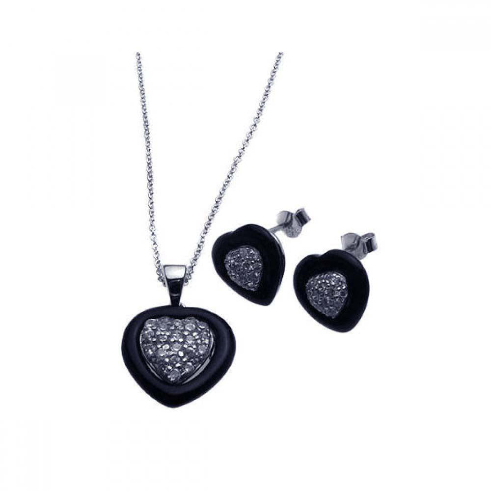 Sterling Silver Rhodium Plated Heart Clear CZ Inlay Black Onyx Stud Earring and Necklace Set