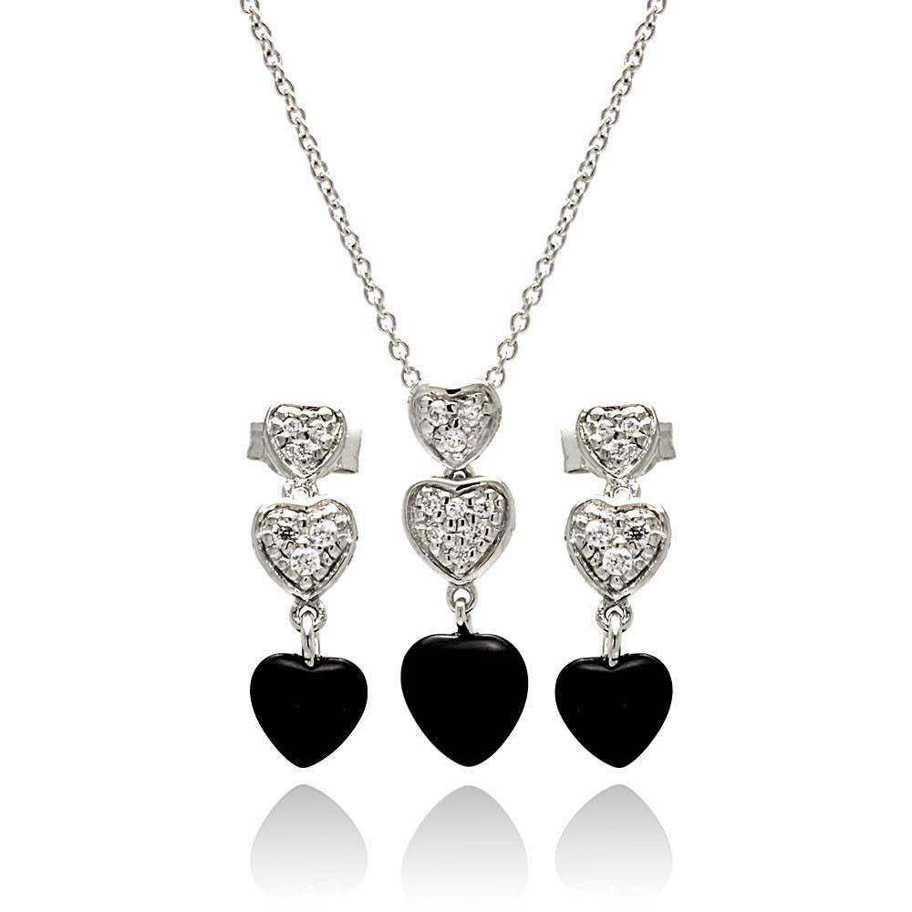 Sterling Silver Rhodium Plated Dangling Heart CZ Black Onyx Stud Earring and Necklace Set