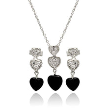 Load image into Gallery viewer, Sterling Silver Rhodium Plated Dangling Heart CZ Black Onyx Stud Earring and Necklace Set
