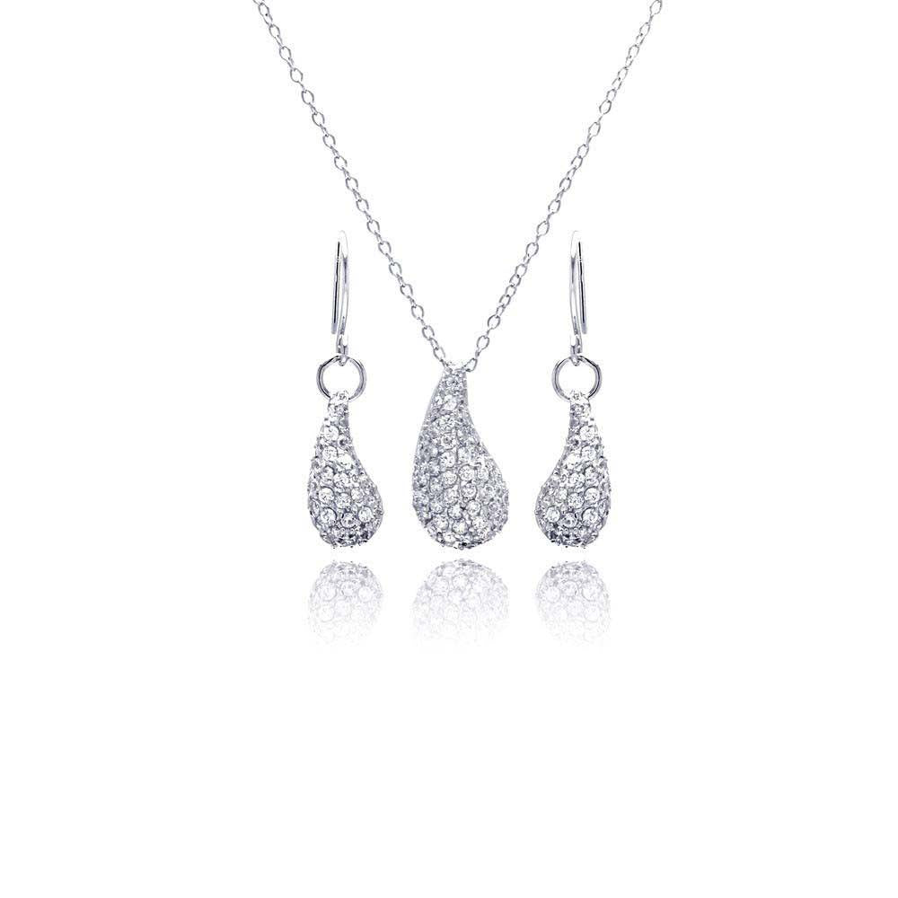 Sterling Silver Rhodium Plated Eggplant Teardrop CZ Dangling Hoop Earring and Necklace Set