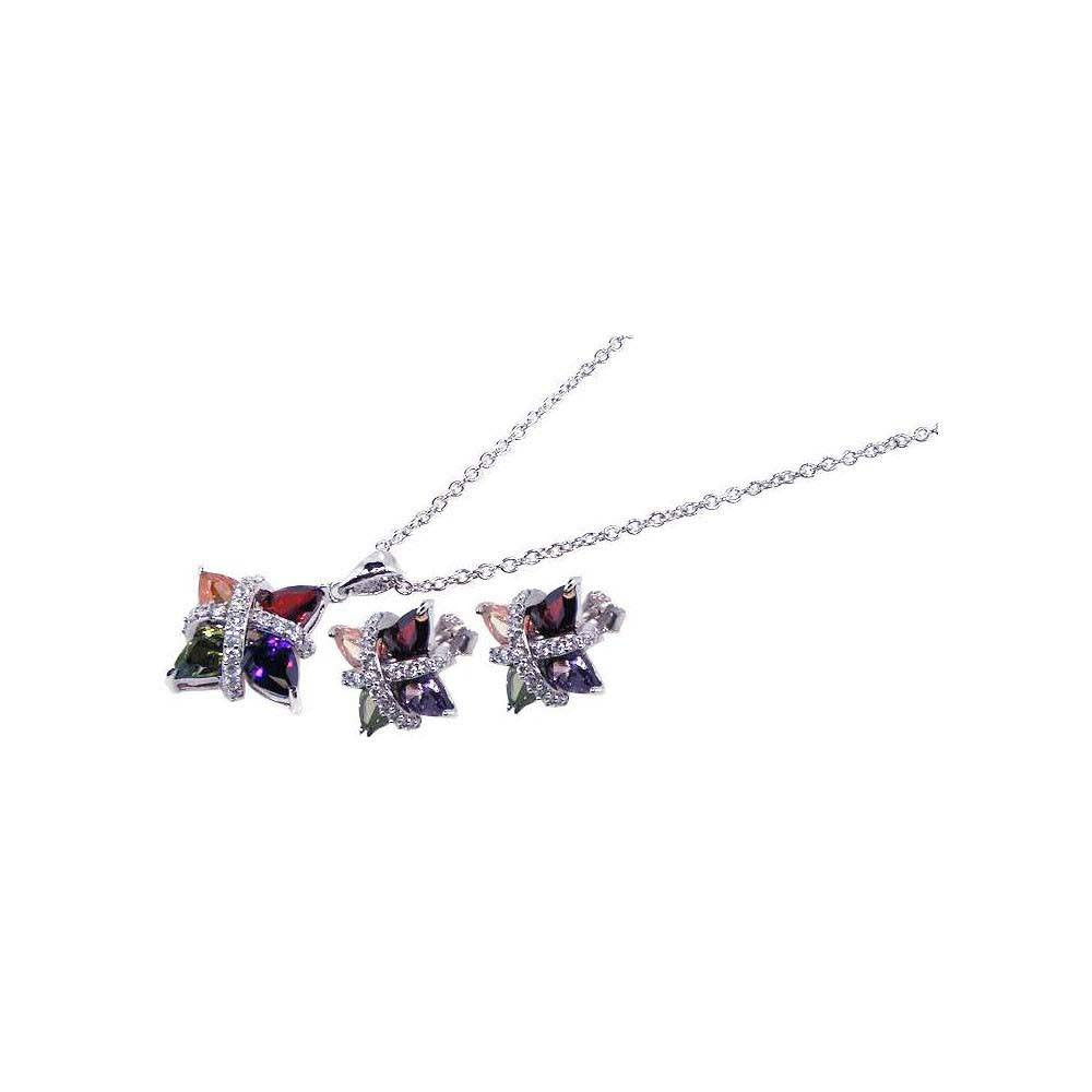 Sterling Silver Rhodium Plated Multiple Color CZ Stud Earring and Necklace Set