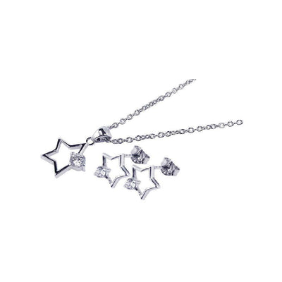 Sterling Silver Rhodium Plated Open Star CZ Stud Earring and Necklace Set