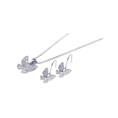 Sterling Silver Rhodium Plated Butterfly CZ Hook Earring and Necklace Set