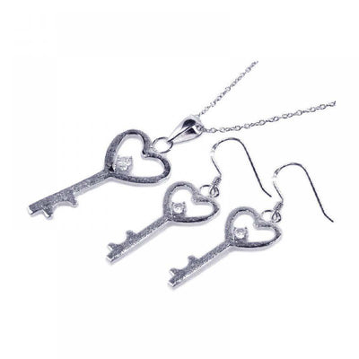 Sterling Silver Rhodium Plated Kingdom Heart Key CZ Hook Earring and Necklace Set